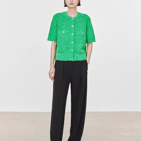 CHICJOC Luxe Italian Butterfly Yarn Green Cardigan size 38 - Picture 10 of 13